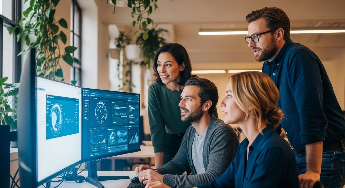 Diverse team collaborating with technology