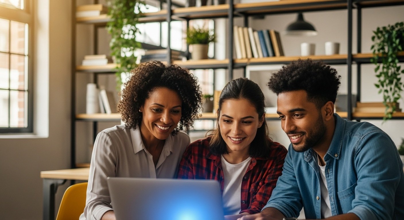 Mentor guiding diverse young professionals in a technology environment