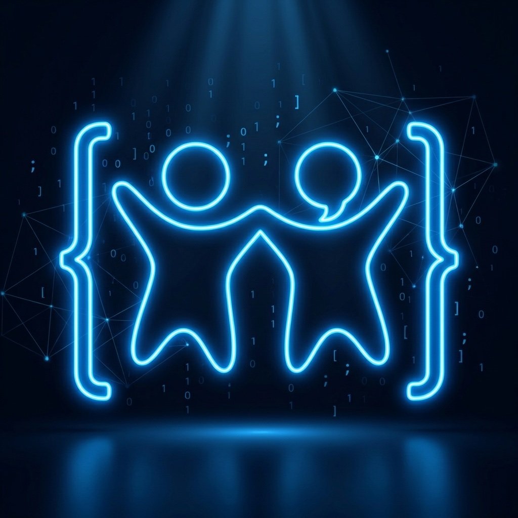 Tech For People Global — two people united in code brackets, their heads forming a semicolon